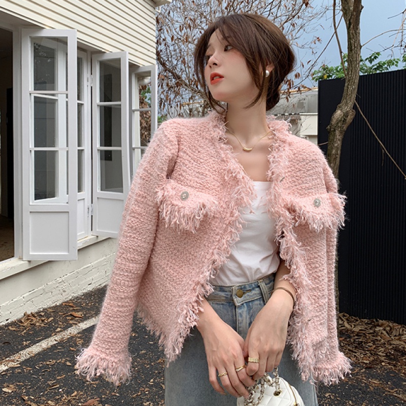 Áo Khoác Cardigan Dệt Kim Tay Dài Dáng Rộng Ngắn Phối Tua Rua Phong Cách Mùa Thu Cao Cấp Cho Nữ Tập Trung