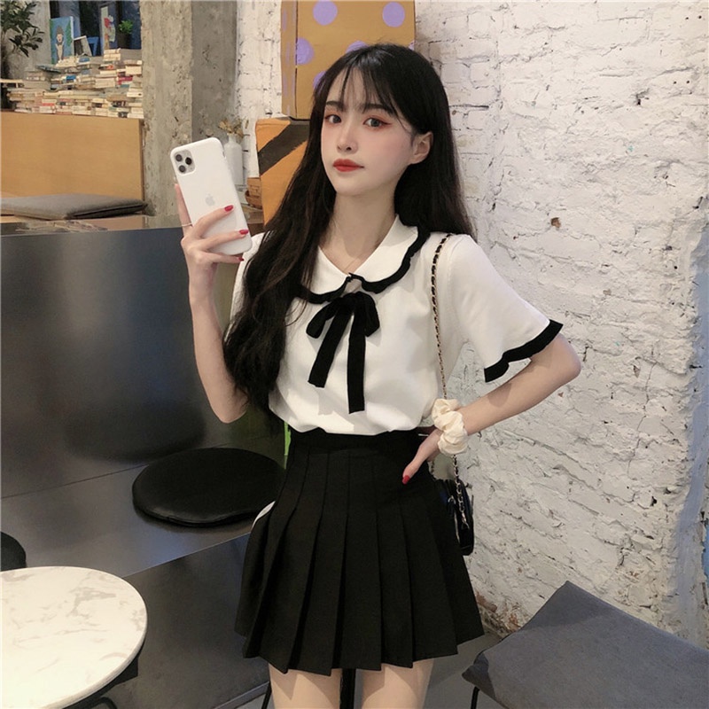 Áo thun Ielgy tay ngắn dáng rộng cổ áo búp bê trẻ trung hợp thời trang cho nữ