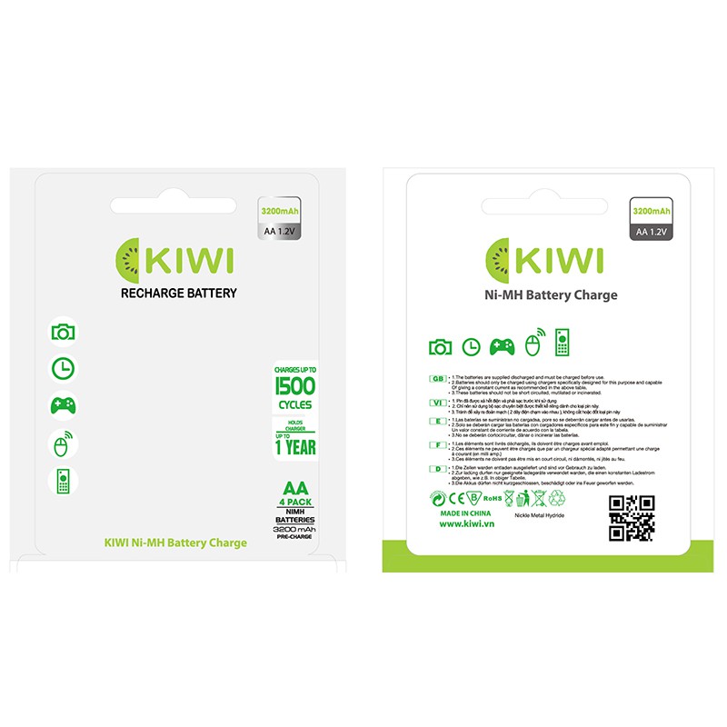 Pin sạc 2800mAh Kiwi Ni-MH AA 1,2V (vỉ 4 viên)