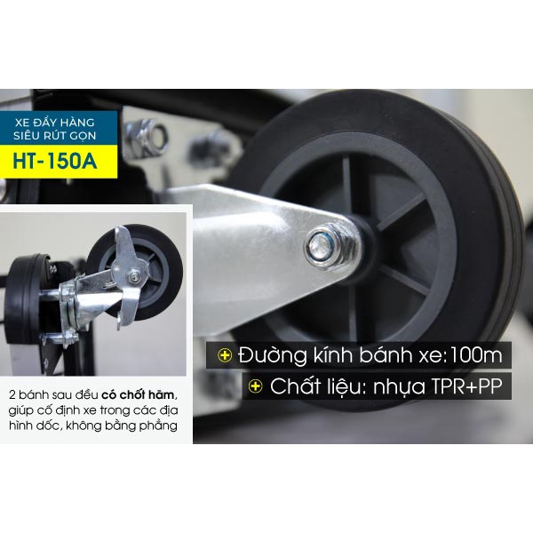 Xe đẩy hàng 4 bánh 150kg siêu rút gọn nhập khẩu Advindeq HT-150A, bánh xe chống ồn chốt hãm,xe kéo hàng đa năng mini