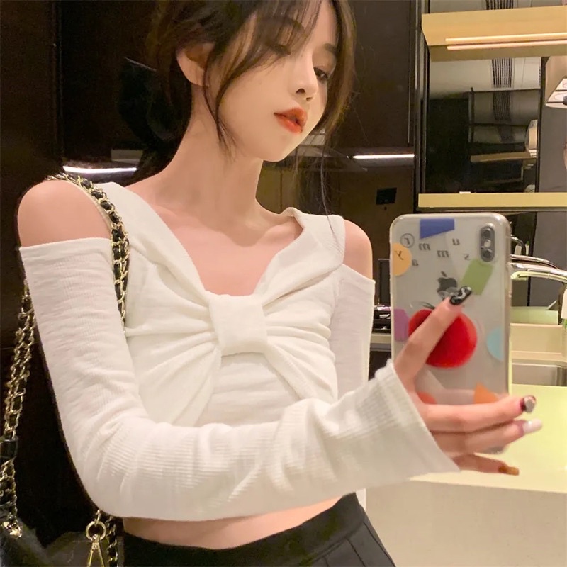 Áo Len Nữ Dài Tay Màu Đen Trắng Xanh Cổ V Nơ Trễ Hở Vai Loại 1 Phong Cách Hàn Quốc Tiểu Thư Điệu Nữ Tính