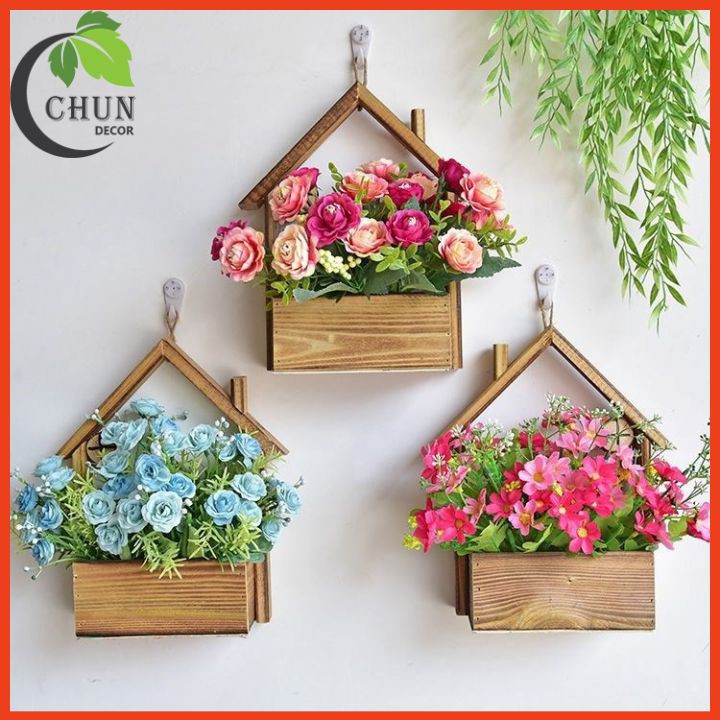 Hoa giả -  Giỏ hoa, lẵng hoa lụa treo tường hình ngôi nhà nhiều mẫu, chất liệu gỗ thông tự nhiên