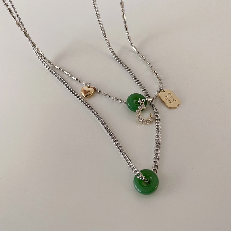 Vòng cổ Hai Lớp Mặt Hình Trái Tim Màu Xanh Ngọc Bích Phong Cách Hip Hop Thời Trang