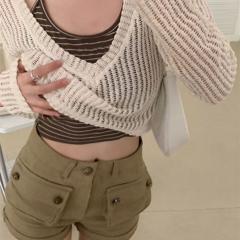 Set đồ COZOKC gồm áo cardigan dệt kim tay dài và áo không tay kẻ sọc thời trang trẻ trung