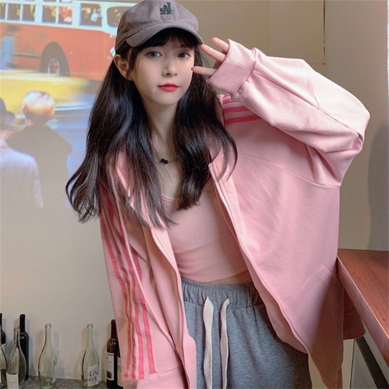 【Yuki】Áo khoác màu hồng siêu xinhhh sọc kẻ tay phong cách Hàn QUốc