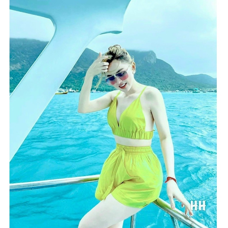 Set bộ bikini đi biển 3 món siêu hot hit ( video cận chất) chất liệu đũi cao cấp 3 màu như hình ( xanh ,vàng,hồng )