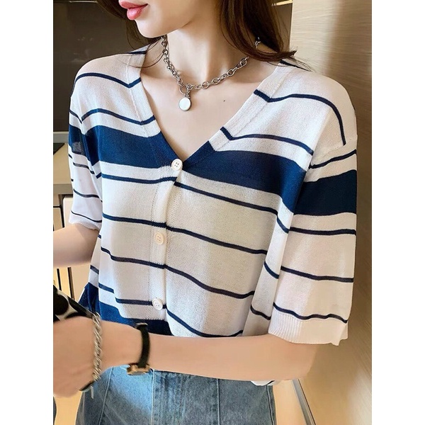 Áo kẻ vintage cổ tim, chất len mongterghi sợi dệt cao cấp mỏng nhẹ, mặc hè và thu đông