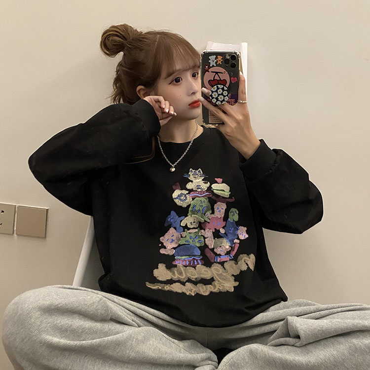 áo nỉ tay dài cổ tròn in hình dễ thương đáng yêu phong cách Hàn Quốc cho nữ | BigBuy360 - bigbuy360.vn