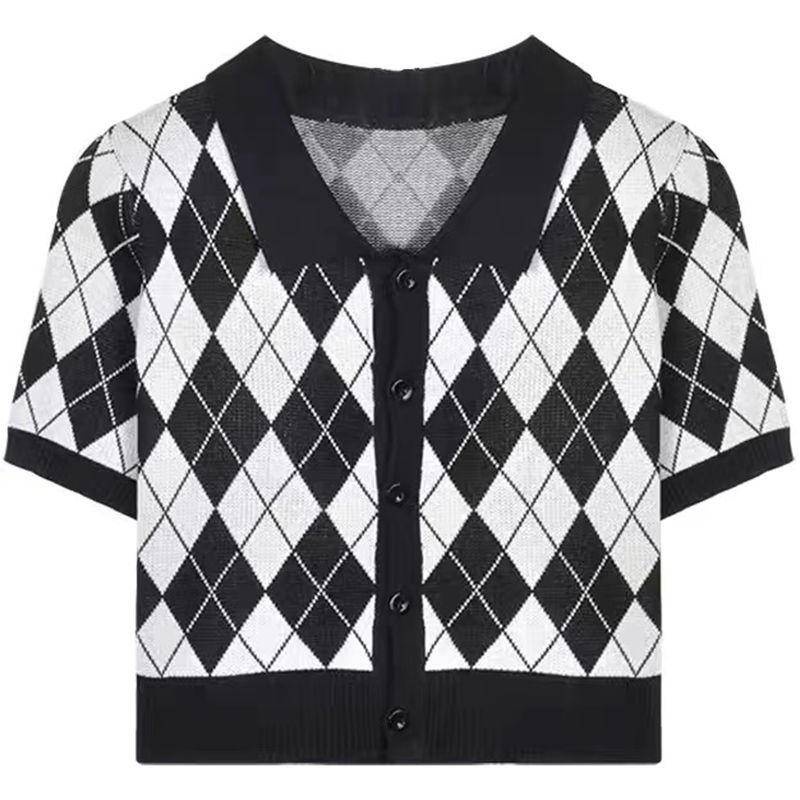 Áo Thun polo Ngắn Tay Họa Tiết Ca Rô Đính Kim Cương Phong Cách Retro Mẫu Mới Dành Cho Nữ