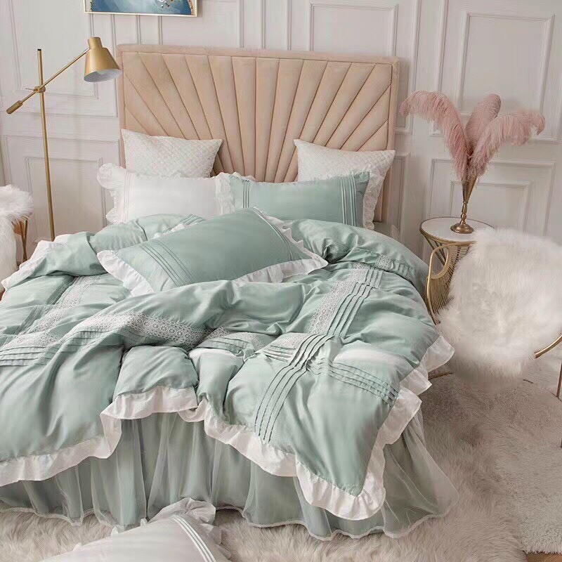 Bộ Chăn Ga Gối Cotton Lụa Bèo Ren Công Chúa Hàng Nhập Khẩu Cao Cấp 4 Món 4 Màu Nhẹ Nhàng