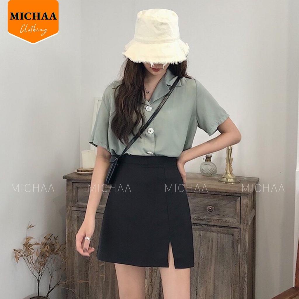 Chân Váy CHỮ A XẺ TÀ Trước Ngắn Công Sở Có Lót Trong Lưng Cạp Cao Trẻ Trung - MICHAA