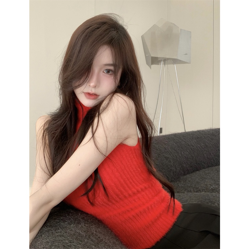 Áo sweater cổ lọ dáng ôm màu đỏ phong cách Hồng Kông quyến rũ cho nữ