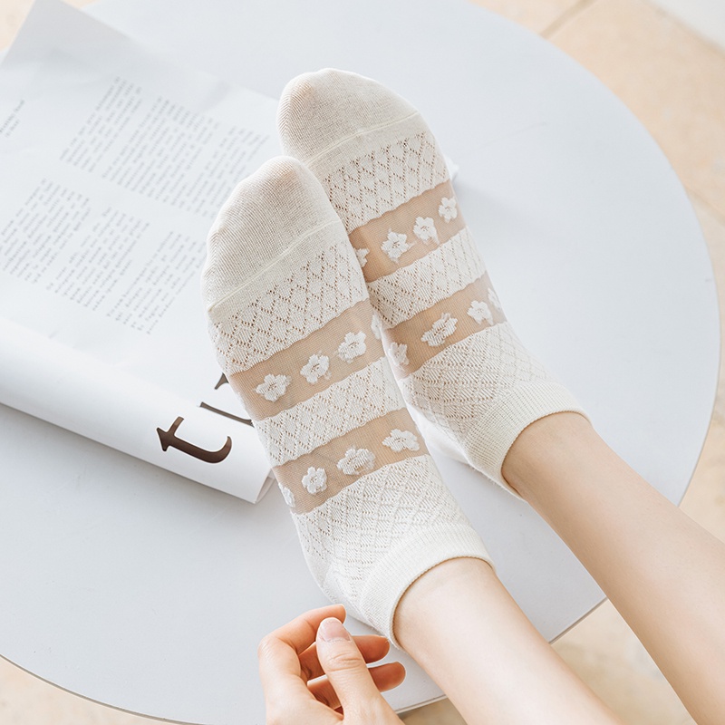 Tất ren lụa pha lê cotton tới mắt cá chân phong cách Nhật Bản Lolita trắng ngọt ngào dễ thương cho nữ