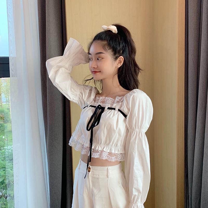 Áo Croptop nữ tay dài phồng phối ren phong cách Hàn Quốc mã QD082
