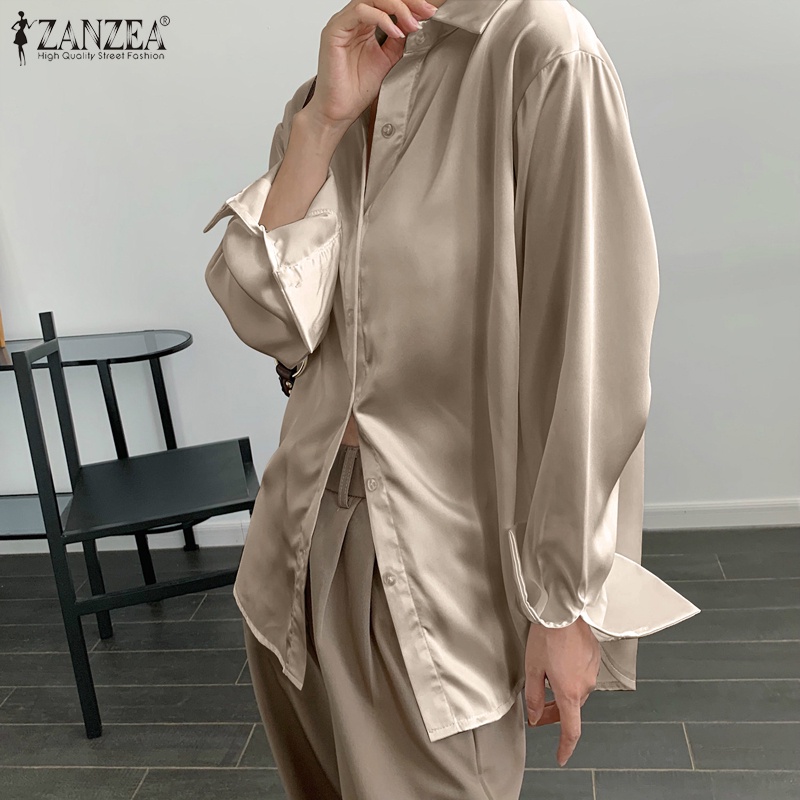 Áo kiểu satin ZANZEA tay dài cổ áo lật xuống có nút gài phía trước cho nữ