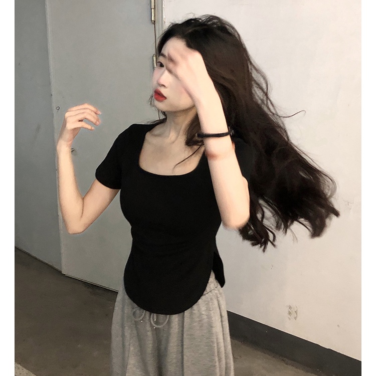 Áo Thun Tay Ngắn Cổ Vuông Dáng Ôm Phong Cách Hàn Quốc Thời Trang Cho Nữ