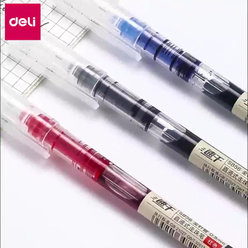 Bút bi nước mực gel nhanh khô ngòi 0.5mm Deli viết thư pháp cho học sinh văn phòng màu xanh đen đỏ ống mực liền S856