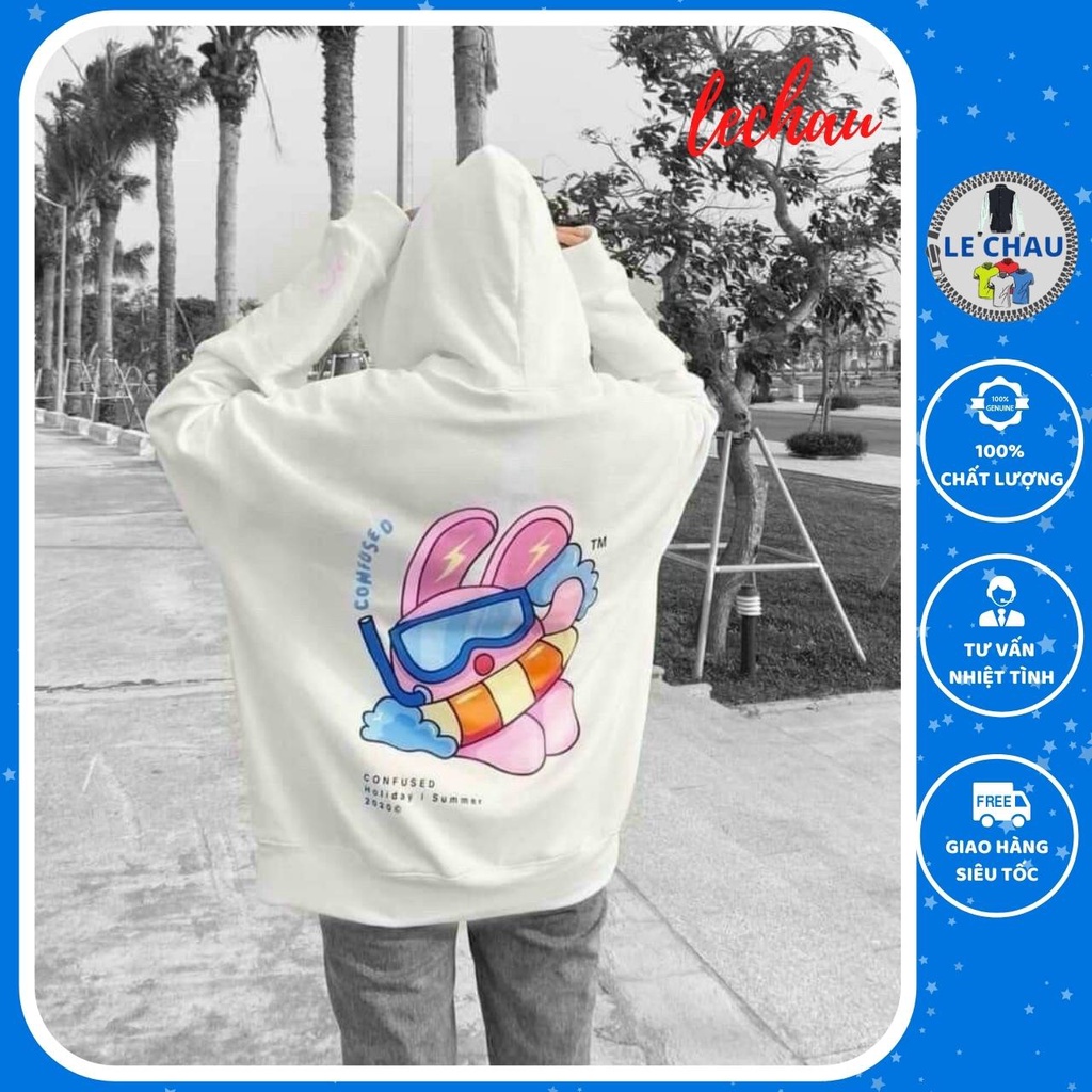 Áo khoác nỉ dây kéo form rộng unisex áo hoodie nam nữ ulzzang street style có mũ in RABBIT LECHAU AKN10  rẻ đẹp