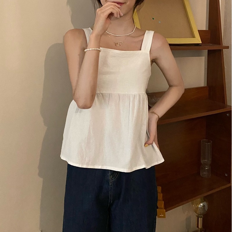 Áo Tank Top Sát Nách Cổ Vuông Dáng Rộng Màu Trơn Phối Dây Buộc Sau Lưng Kiểu Hàn Quốc Thời