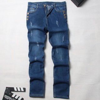 Quần jean nam xanh co giãn bấm 3 khuy nút TS231 Tronshop