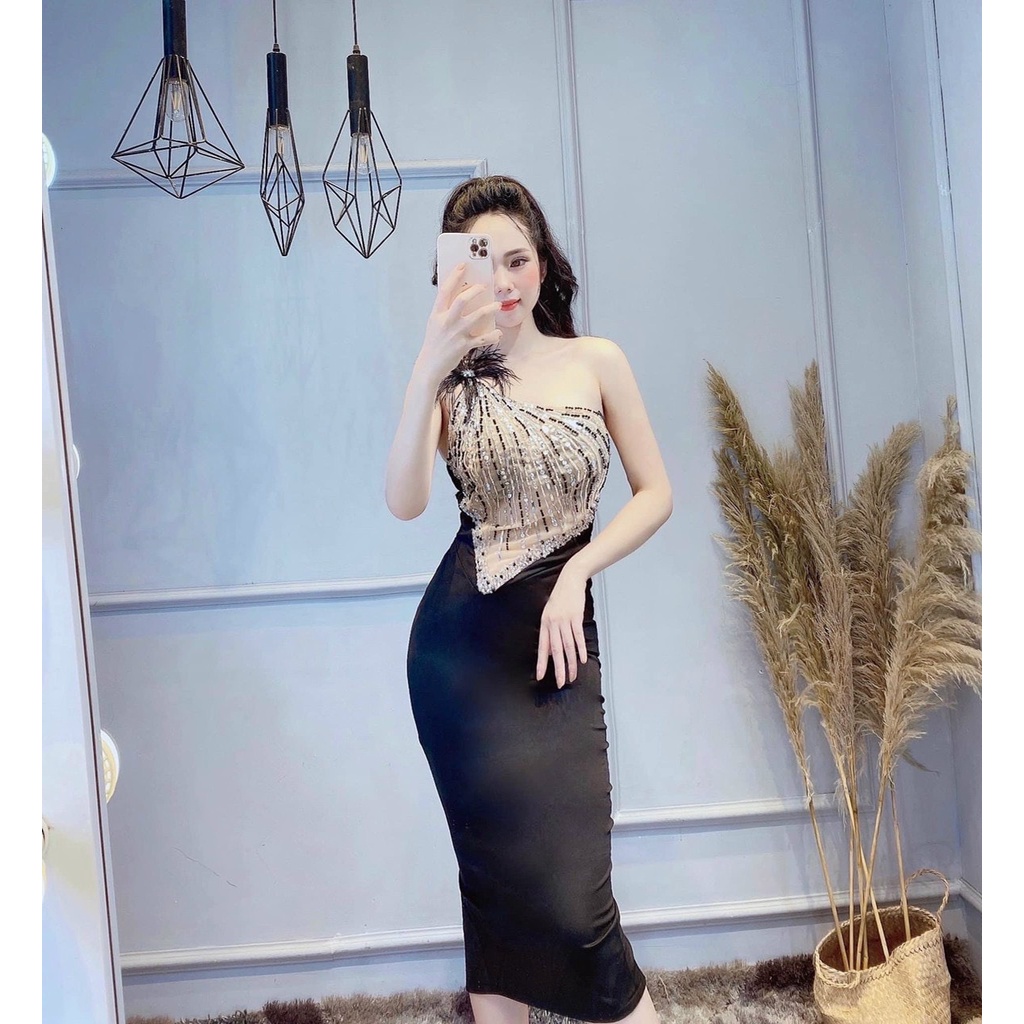 Đầm body lệch vai phối lông kết cườm TRIPBLE T DRESS - size S/M/L - MS347V