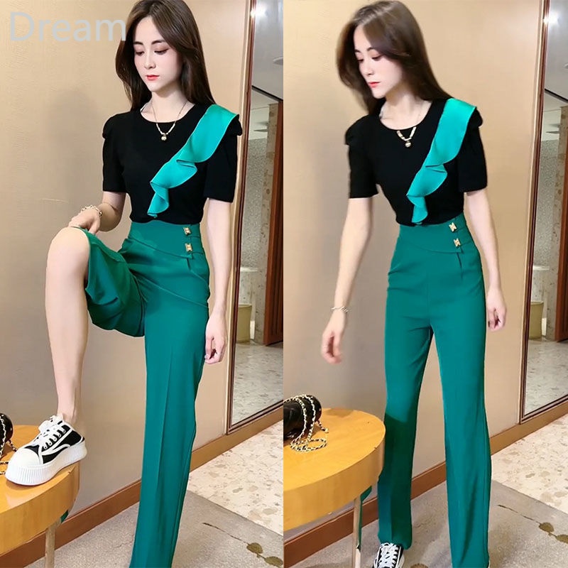 Bộ Áo Ngắn Tay Phối Bèo + Quần Dài Lưng Cao Ống Rộng Thời Trang Mùa Hè Cho Nữ