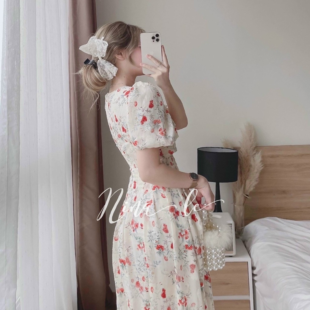 Đầm váy nữ maxi cổ tròn họa tiết hoa dễ thương phối chingfon 2 lớp trẻ trung sang trọng thanh lịch siêu xinh