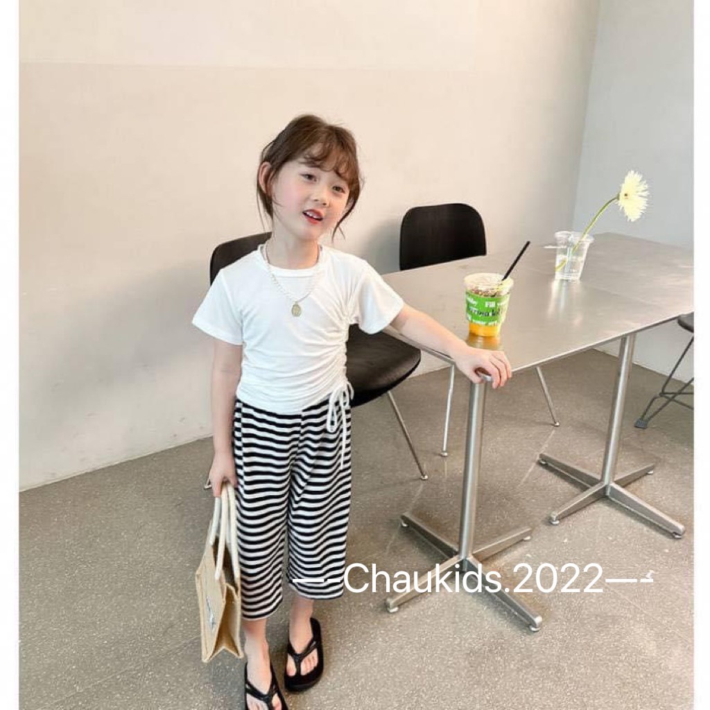 [SALE] Set Bộ Bé Gái Áo Croptop Rút Dây Quần Kẻ Ống Loe Hot Trend, Đồ Bộ Cho Bé Mặc Đi Chơi CK43
