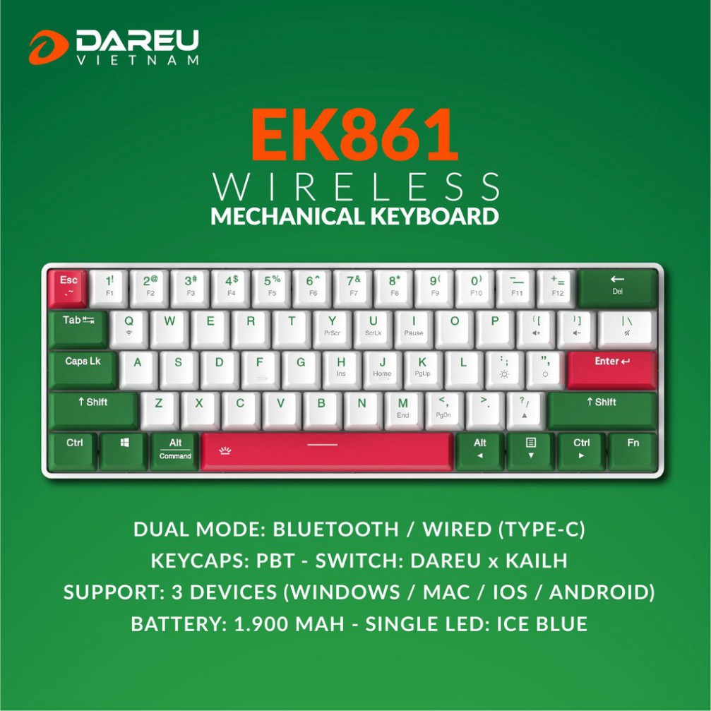 Bàn phím cơ không dây Bluetooth DAREU EK861 61KEY (PBT, Brown/ Red D-KAILH switch) - Hàng chính hãng