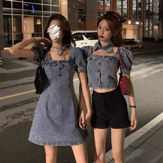 Váy jeans dáng chữ A kèm cổ áo và choker