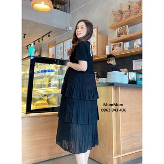 Đầm voan đen dập ly nhún tầng