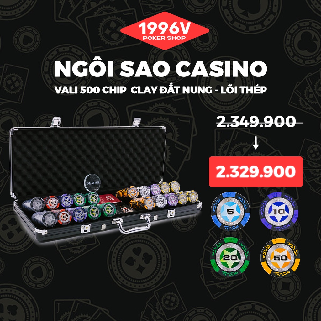 Vali 500 chip Poker có số, phỉnh poker Ngôi Sao chip set Pocker đất nung giá rẻ đẹp - 1996V Poker Shop