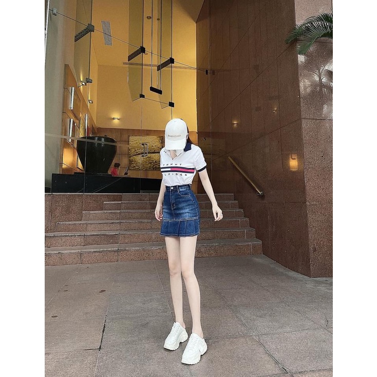 Áo polo nữ form rộng tommy tay lửng, áo thun nữ siêu cá tính