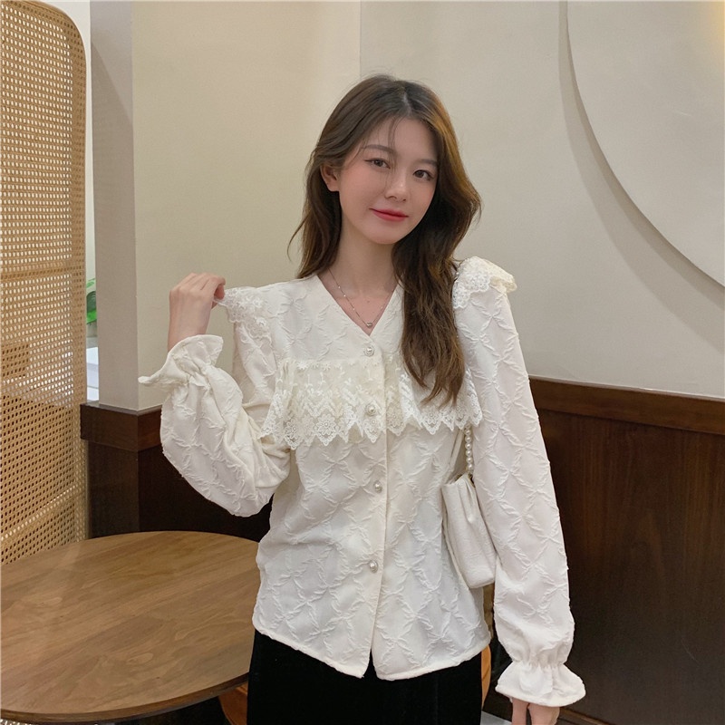 Áo Sơ Mi Nữ Vải Ren Voan Dày Nhăn Màu Trắng Be Cổ Bèo Tay Phồng Loe Nhẹ Nhàng Sang Trọng Tiểu Thư Hàn Quốc Hàng Loại 1 | BigBuy360 - bigbuy360.vn