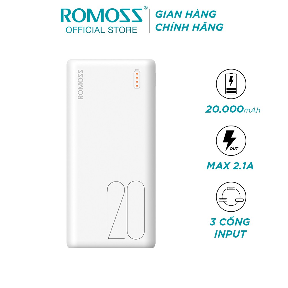 Pin sạc dự phòng Romoss Simple 20 20.000mAh nhỏ gọn 3 cổng input Micro - Lightning - Type C - Hãng phân phối chính thức