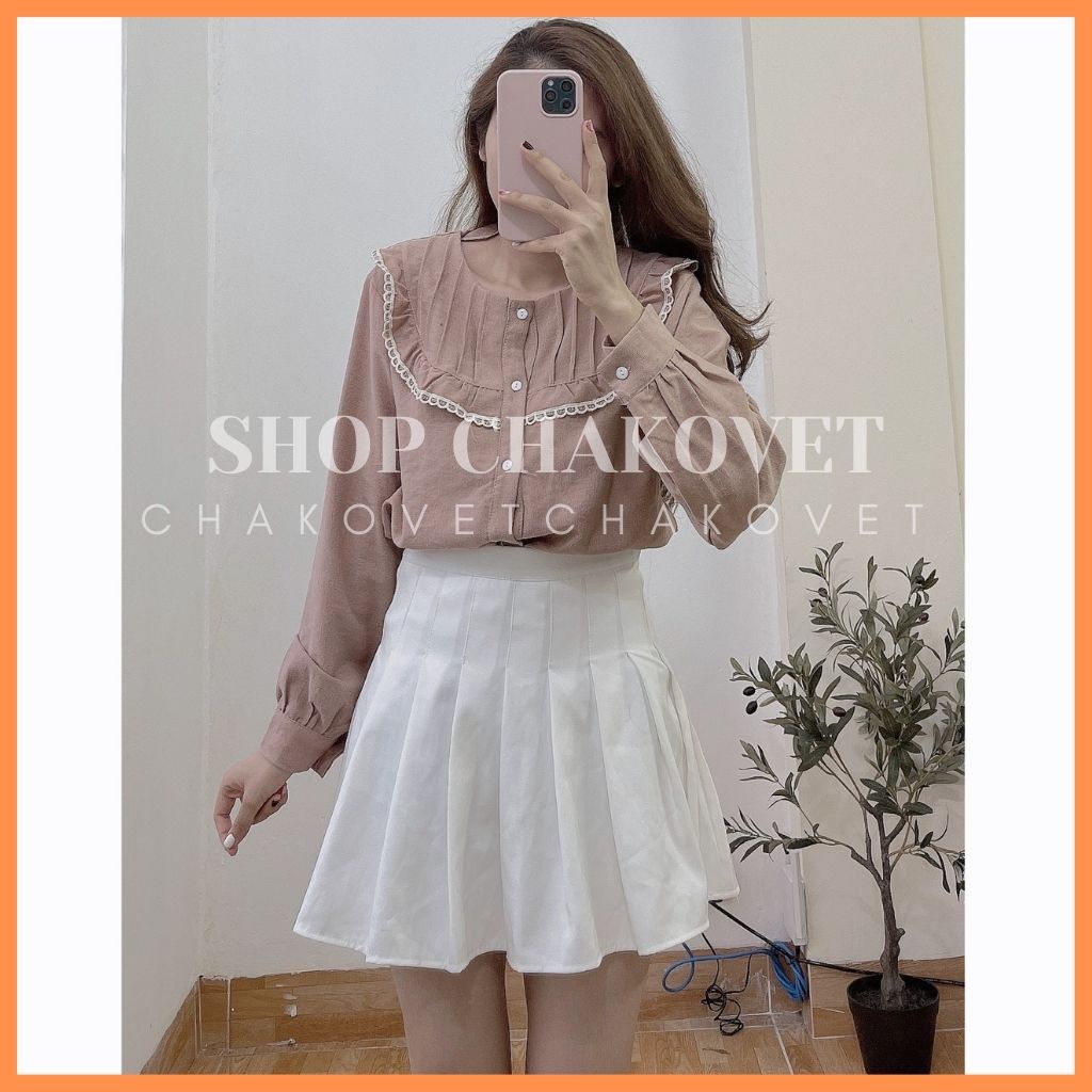 Áo sơ mi nữ dài tay màu trắng be nâu CKA899 kiểu áo thiết thế cổ tròn ren ngực dễ Mix với nhiều trang phục mặc đẹp