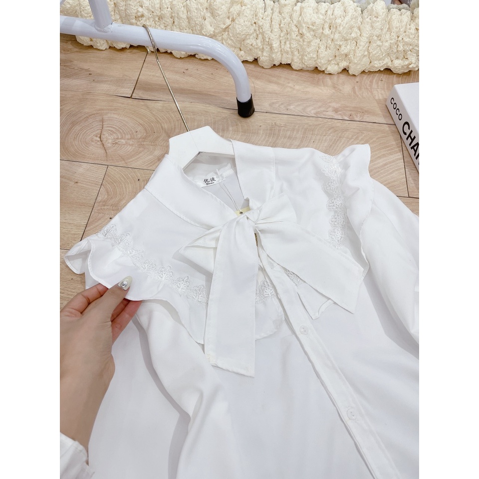 Áo sơ mi bánh bèo cổ tàu thắt nơ xinh xắn sơ mi nữ dài tay xuân hè LT014