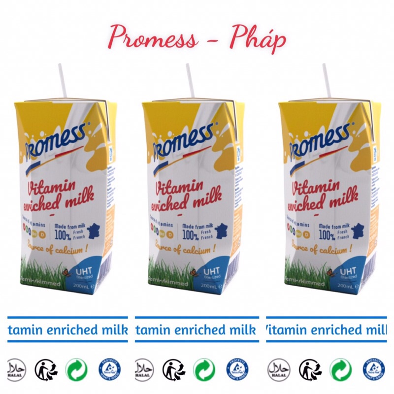 Log6 hộp sữa Promess Vitamin, Nguyên Kem , Tách 1.5% béo, nhiều Vitamin 200ml, vị chuối, vị dâu, vị vani, vị socola