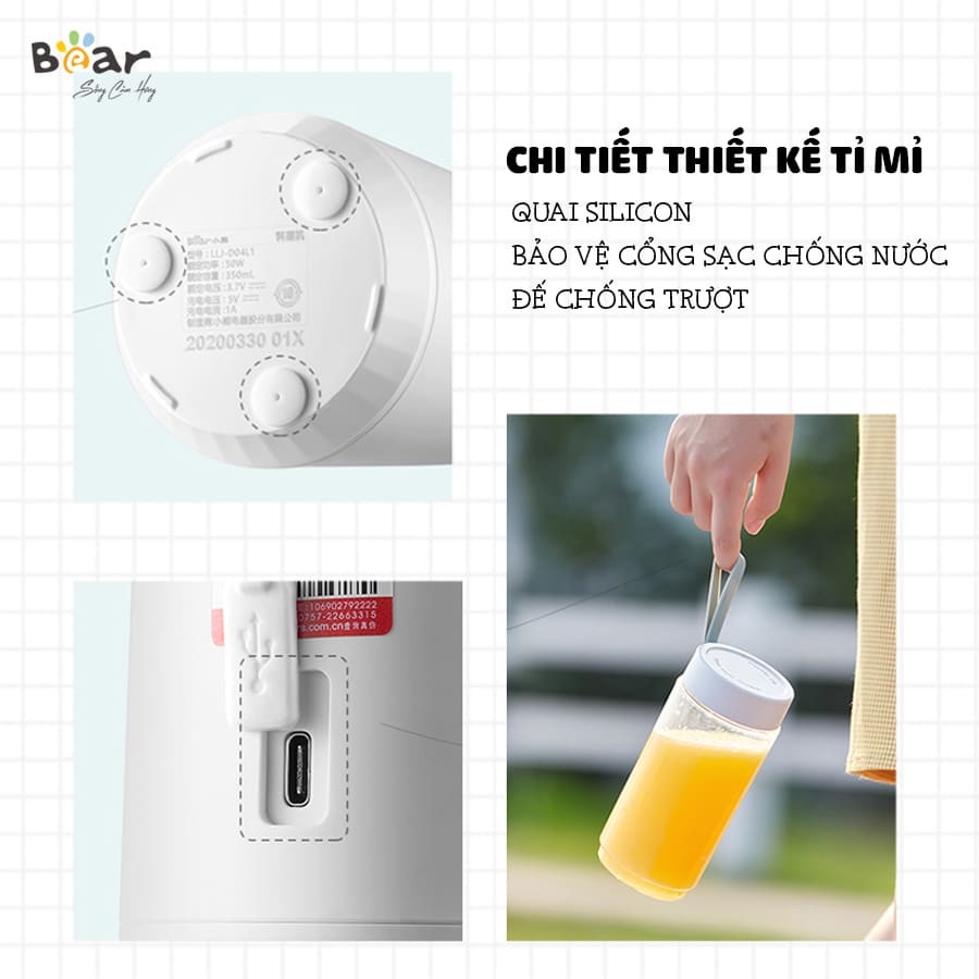 Máy Xay Sinh Tố Cầm Tay Bear, Máy Xay Hoa Quả,Cầm Tay Đa Năng -Sạc Pin, Dung Tích 400ML, Bảo Hành 18 Tháng LLJ-D04L1