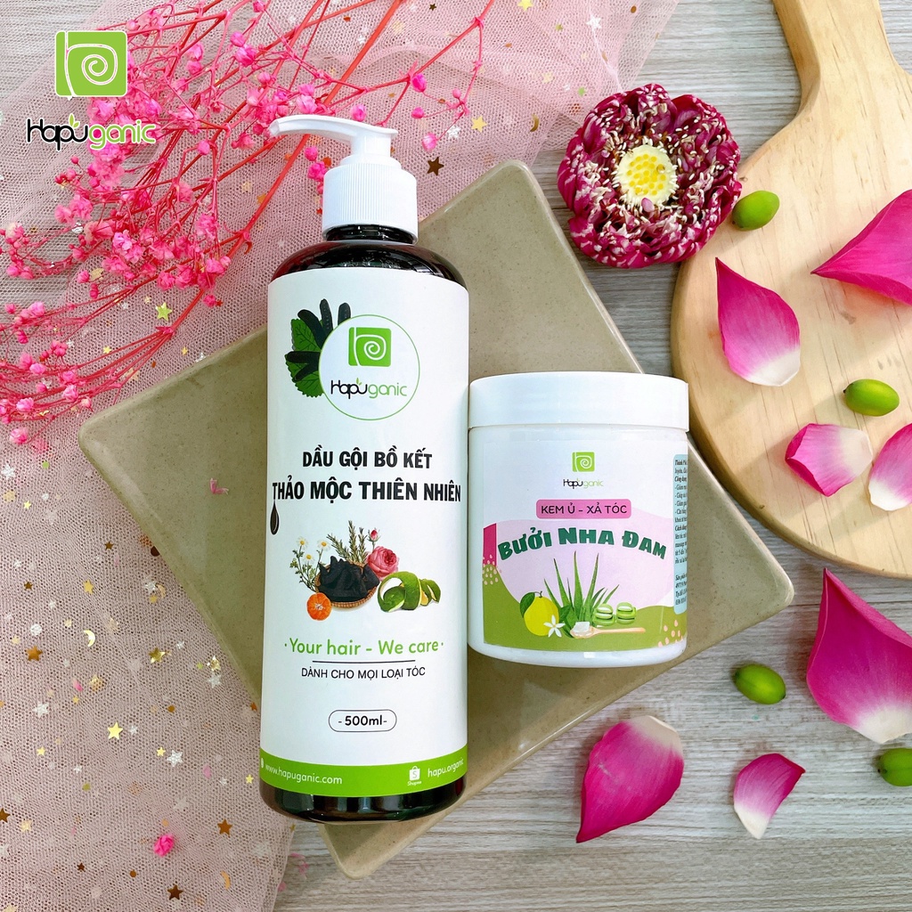 Combo Dầu Gội Bồ Kết và Ủ Xả Tóc HaPu Organic mềm mượt, giảm rụng