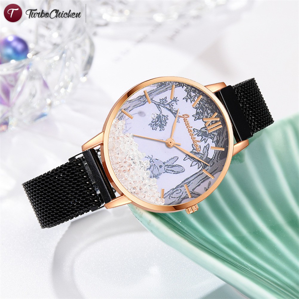 #Đồng hồ đeo tay# Fashion Quartz Watch Alloy Mesh Strap Cartoon Printed Round Dial Casual Watch for Women Girls