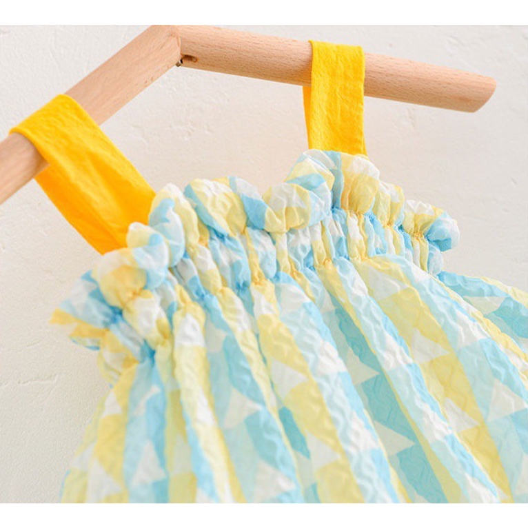 Áo liền quần BCBL hai dây họa tiết kẻ sọc trang trí bông hoa có băng đô thời trang mùa hè xinh xắn cho bé gái 3-6 tuổi