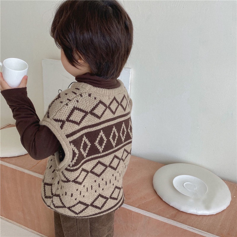 Áo len sát nách dệt kim thiết kế mới phong cách vintage thời trang dành cho bé trai
