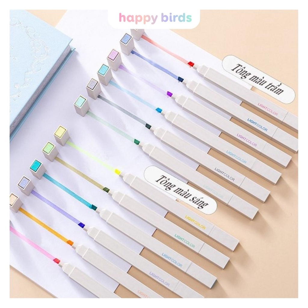 Bút highlight pastel bộ 6 bút 2 đầu thân vuông ghi nhớ đánh dấu dạ quang tặng bộ sticker trang trí DIY HappyBirds