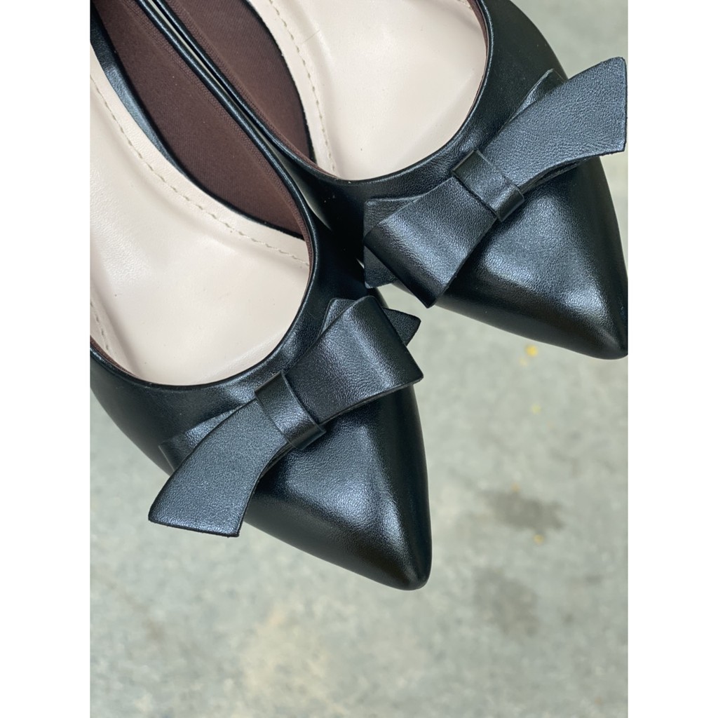 Giày cao gót 3 phân mũi nhọn da lì gót vuông ANNA phối nơ xếp