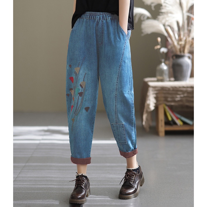 Quần jeans,quần  Baggy nữ họa tiết thêu Chất bò mềm không bai xù QS39