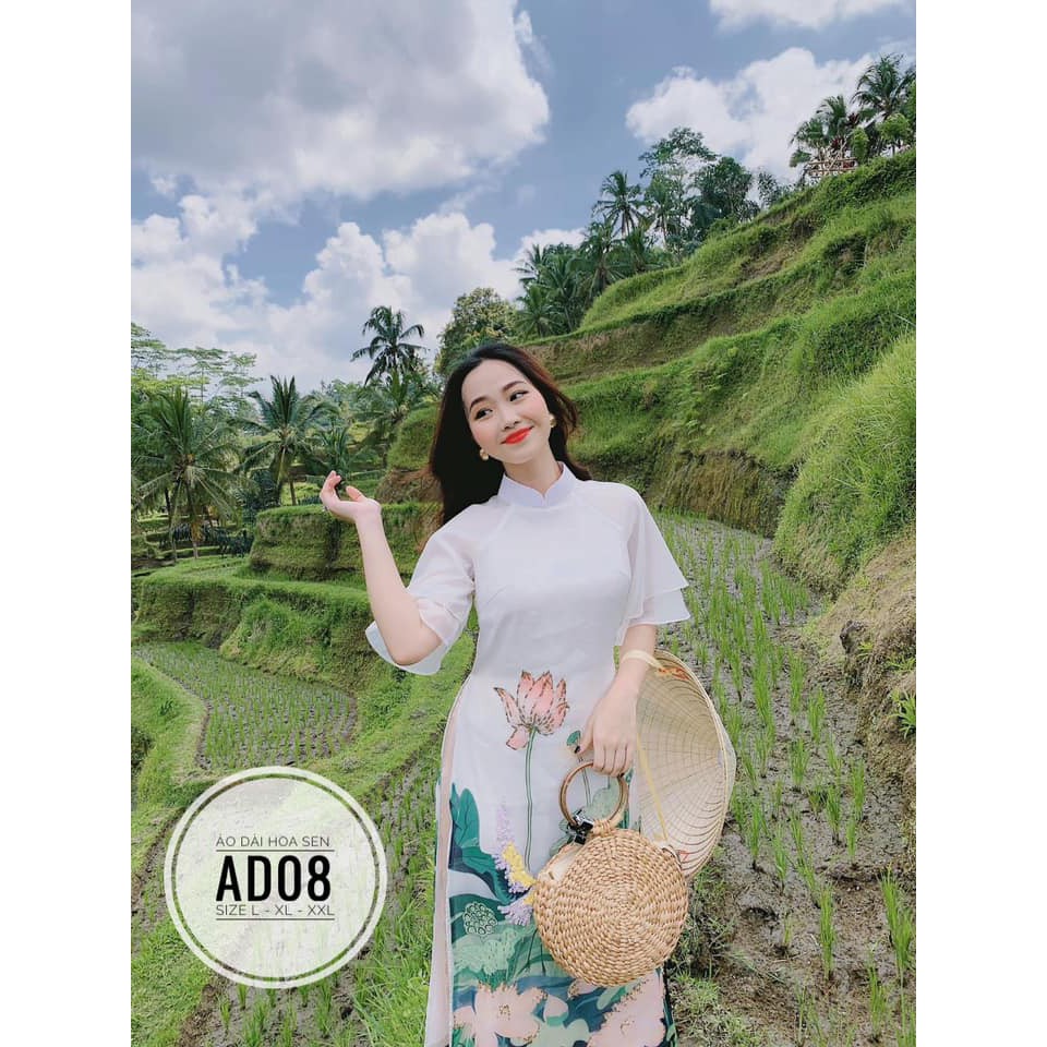 Áo dài Tết bigsize hoa sen lụa satin cao cấp size 55-90kg