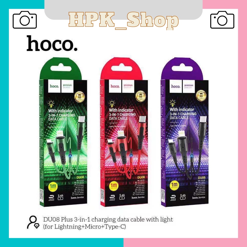 Cáp Sạc Dù 3 Đầu Hoco DU08 3in1 Có Đèn Báo - Truyền Dữ Liệu Và Sạc