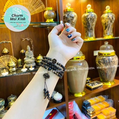 Chuỗi Trầm Hương Sánh chìm 108 hạt phối charm Hoa Sen và Búp Sen Sánh - Vòng Tay Gỗ tự nhiên Nữ phong thuỷ