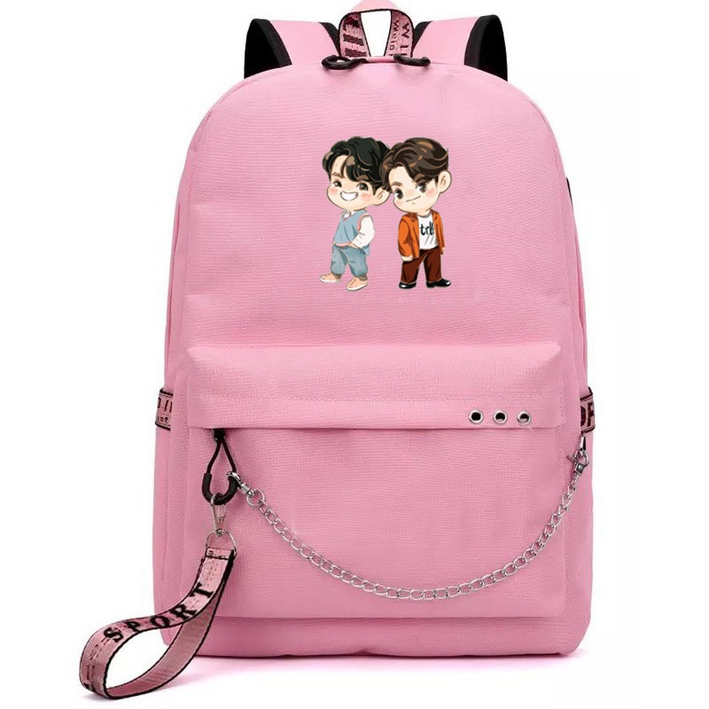 Balo thông minh đen hồng in hình BRIGHTWIN 2gether BL Thái Lan chibi anime cặp sách đi học